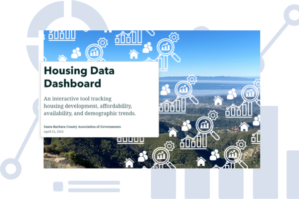 Graphic promoting the Housing Data Dashboard by the Santa Barbara County Association of Governments. The background shows a scenic aerial view of Santa Barbara County with mountains and coastline. Overlaid icons represent houses, people, bar charts, and magnifying glasses. A white box on the left reads: 'Housing Data Dashboard. An interactive tool tracking housing development, affordability, availability, and demographic trends. Santa Barbara County Association of Governments. April 11, 2025.