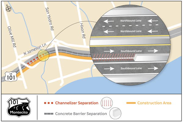 Graphic Image of a map of Highway 101 in Montecito showing the location of the Southbound divided lanes. The image magnifies an example of the divided line showing channelizers and concrete barrier separation between the areas just north of Olive Mill Road and past Hixon Road.